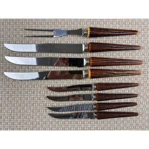 VTG KNIFE SET of 7 Faux Bone BAKELITE Handles Serrated Stainless Steel Blades